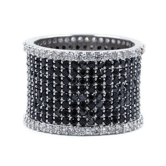 Black and White CZ Cluster Silver Band Ring